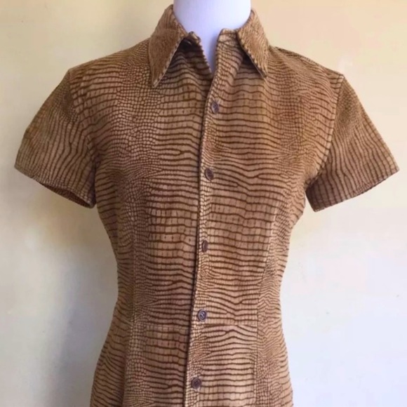 RALPH LAUREN 🐊 Glove Soft Leather Crocodile Print Western Shirt Dress Tan 8 - Picture 5 of 9